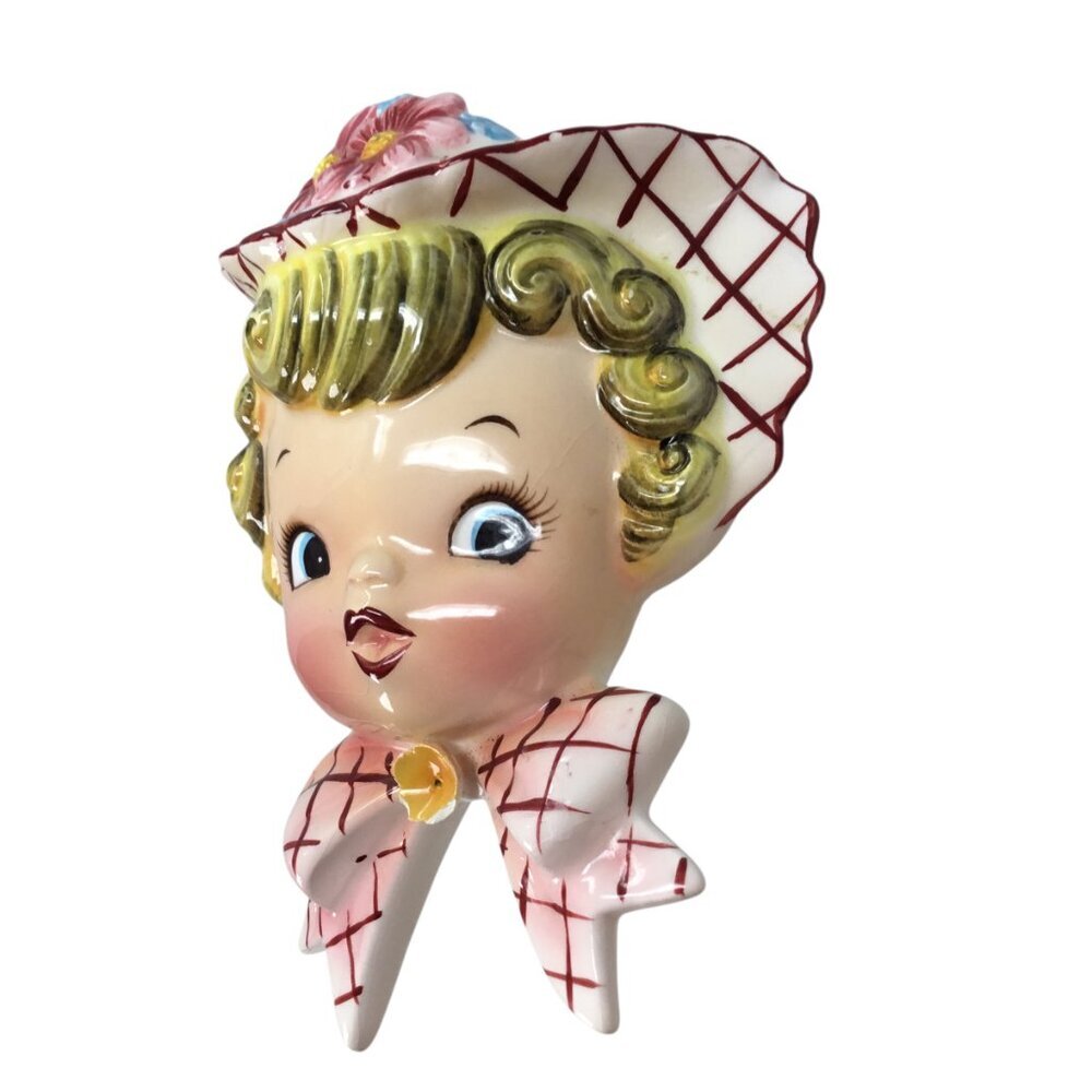 Lefton 6767 Miss Dainty Wall Pocket 1956 Vintage Vase HTF Blond Girl Bonnet Bow - Picture 4 of 9